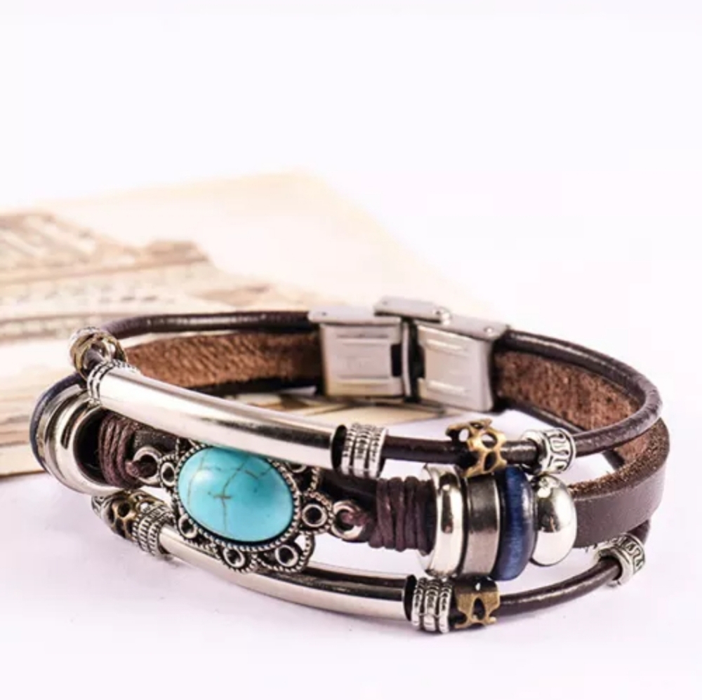 1 left Brown faux leather multi layered bracelet